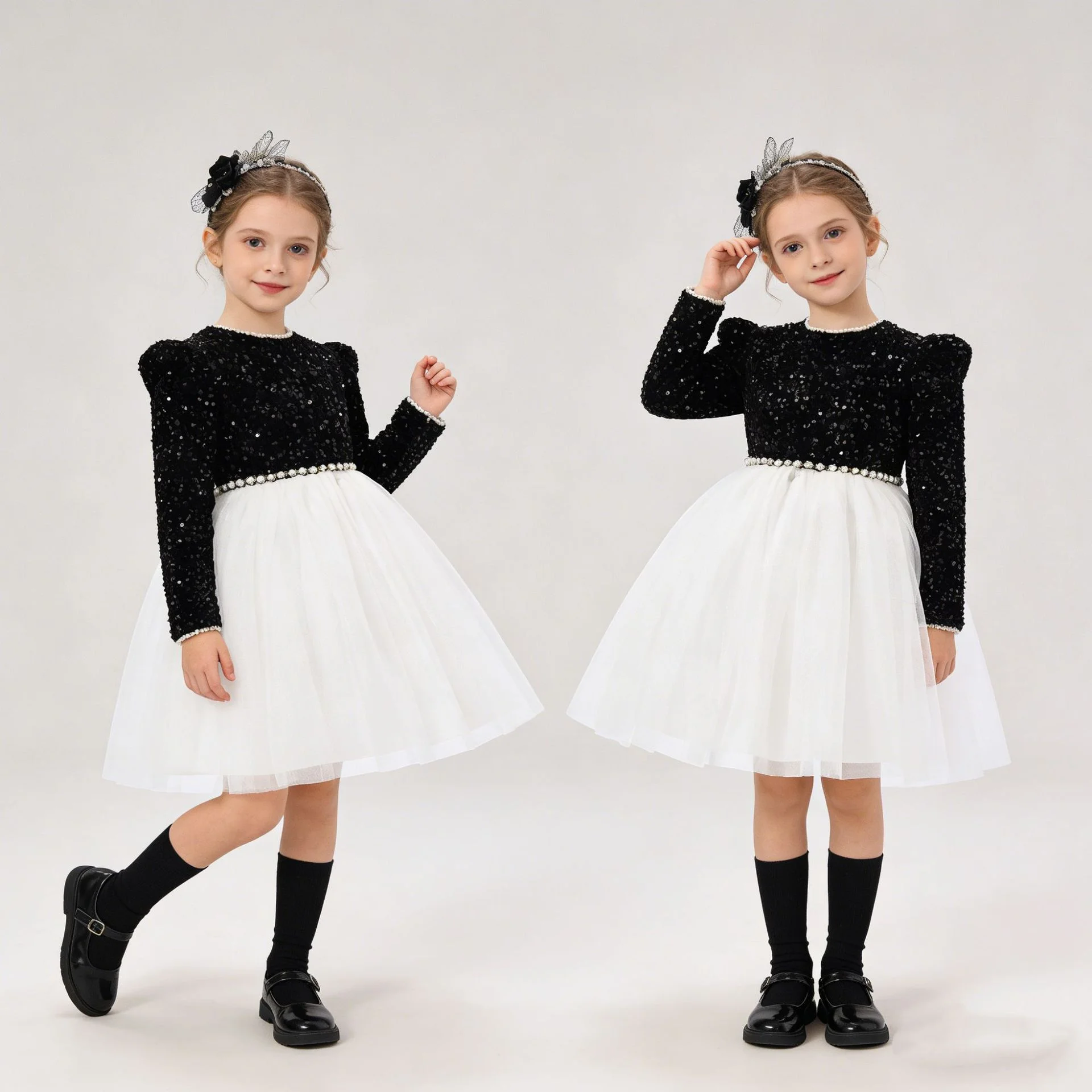 Sequin Autumn Girls Princess Party Dresses For 3-10 Years Long Sleeve Winter Xmas Children Casual Clothing Birthday Wedding Gown