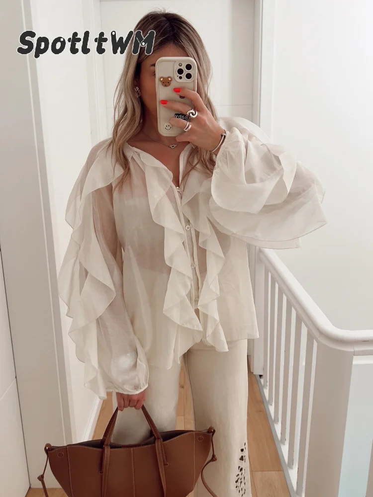 Casual Loose See Through Long Sleeve Gauze Shirts Fashion Solid V Neck Lace Up Layered Ruffle Edge Women's Tops Spring New Wear