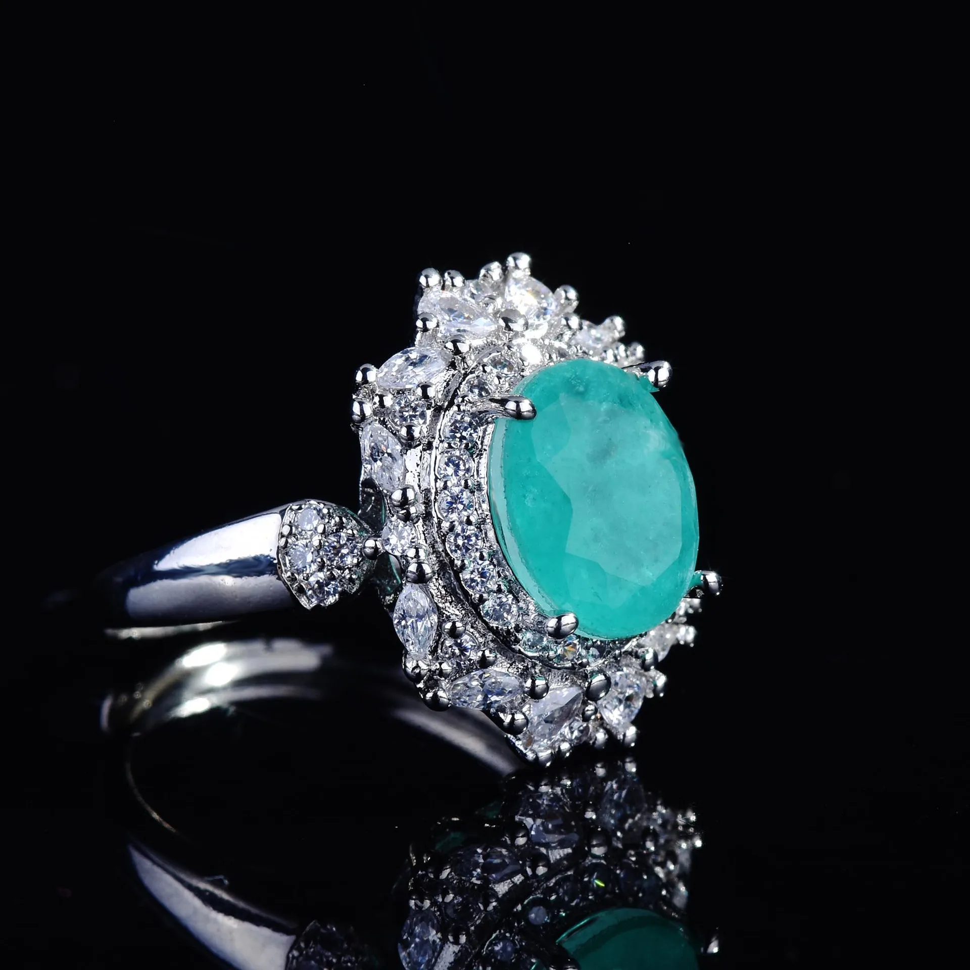 Silver Oval Shape Paraiba Tourmaline Gemstone Jewelry Set for Women Earring Ring Necklace Set Ladies Trendy Vintage Jewelry Gift