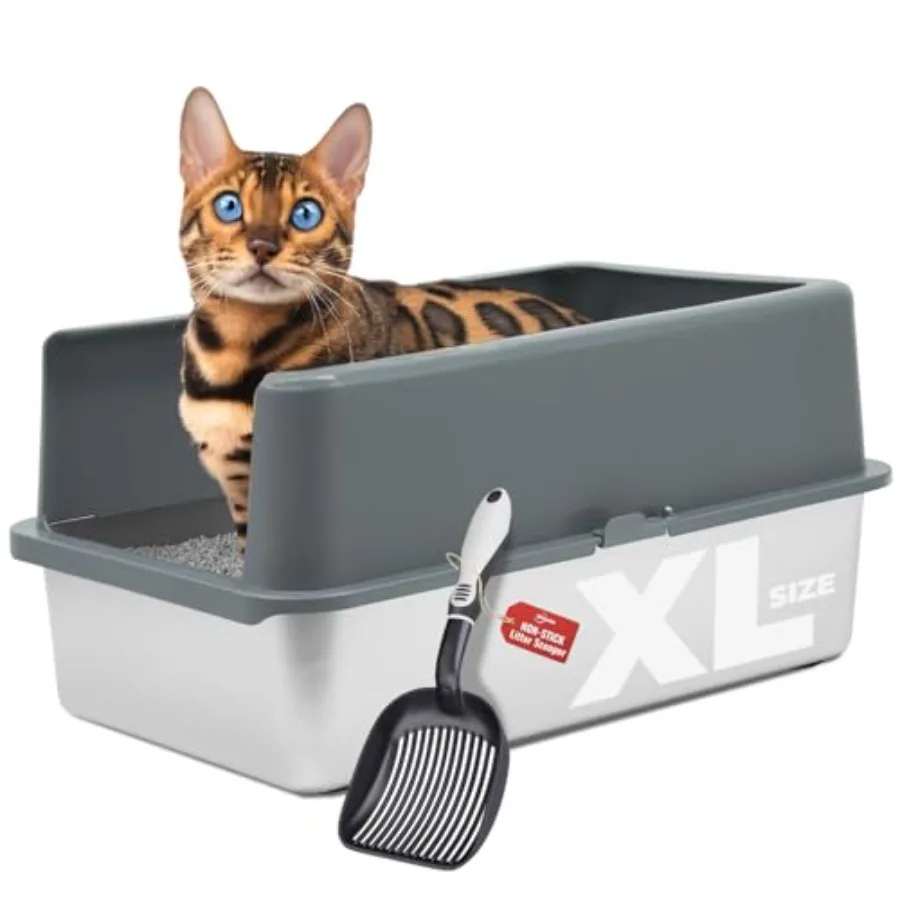 XL Stainless Steel Litter Box for Cats with Enclosure and 1 Scooper - Easy to Clean, High-Sided Litter Box for Extra Litter Sca