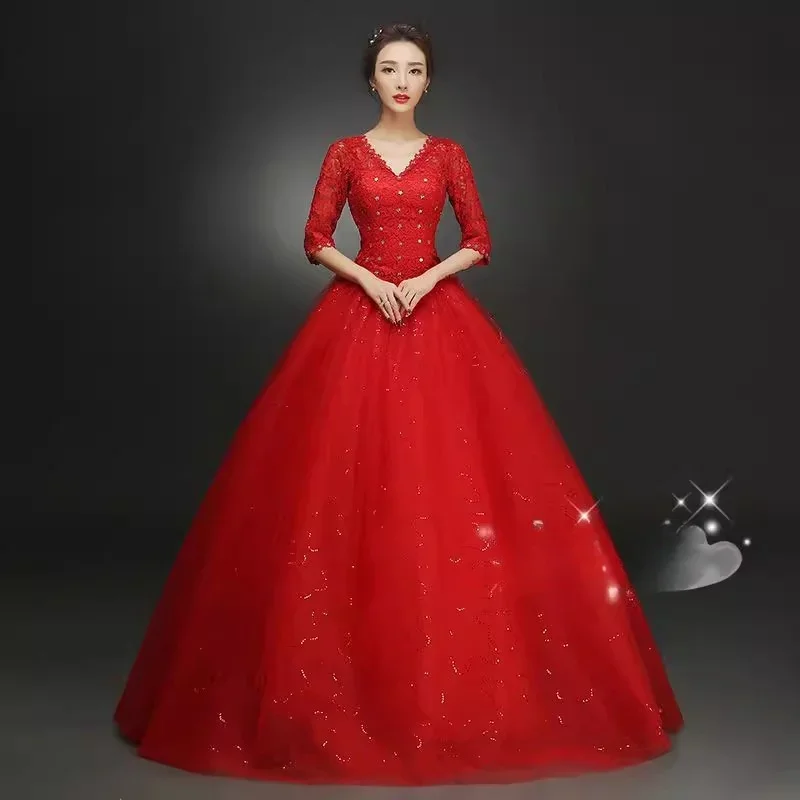 Red Wedding Dresses Lace Crystal V-neck Half Sleeves Sequins Bling Sequins Tulle Princess Floor-length Plus size Bride Ball Gown