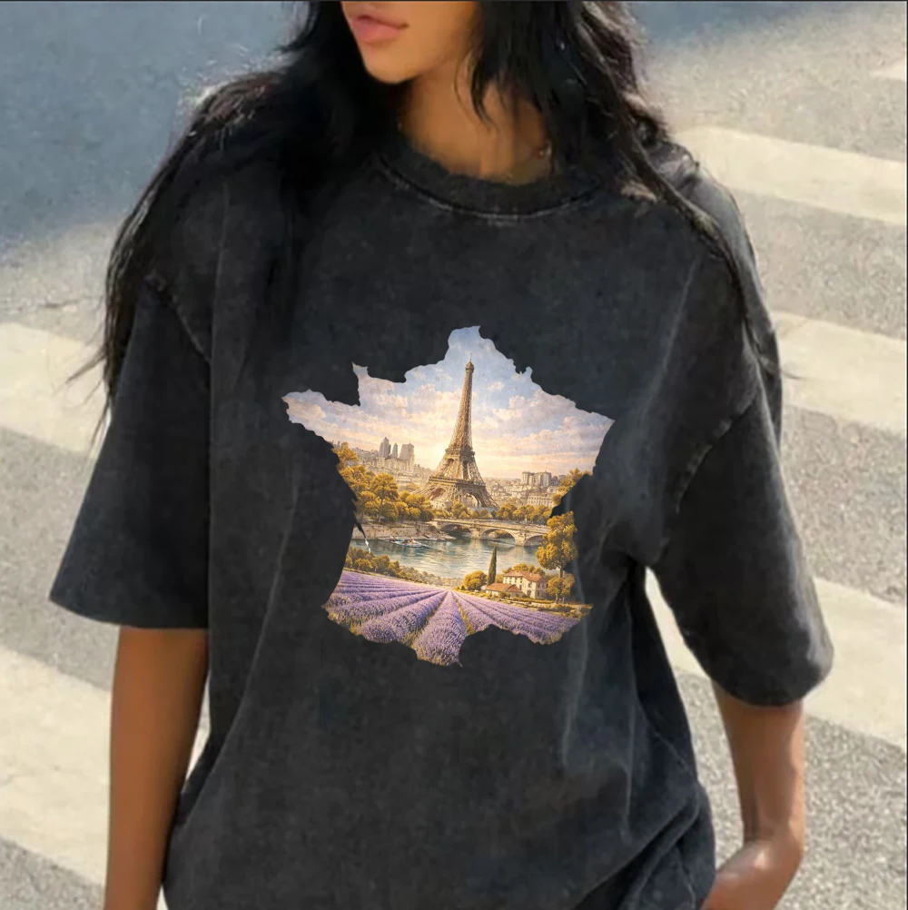 Washed Black Country Map Landscape Graphic T-Shirt, Norway France Australia Iceland Scenery Print Casual  Neck Top for Men Women
