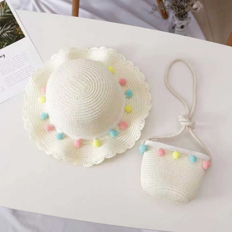 Chapeau de paille tissé pour enfants, protection solaire, ombrage, mignon, petite boule colorée, sac à documents solide, cool, été, plage, mode