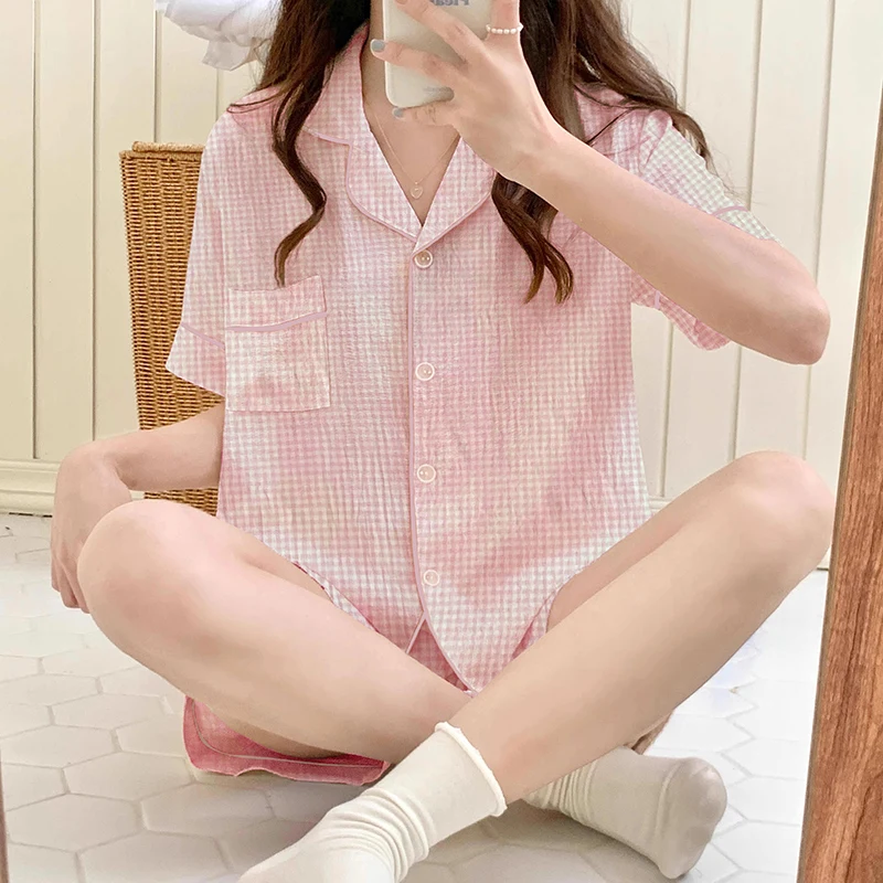 Sweet Kawaii Cute Y2k Plaid Cloud Cotton Women\'s Pajamas Japan & Korean Harajuku Simple Sleepwear 2024 New Summer Lazy Nightwear