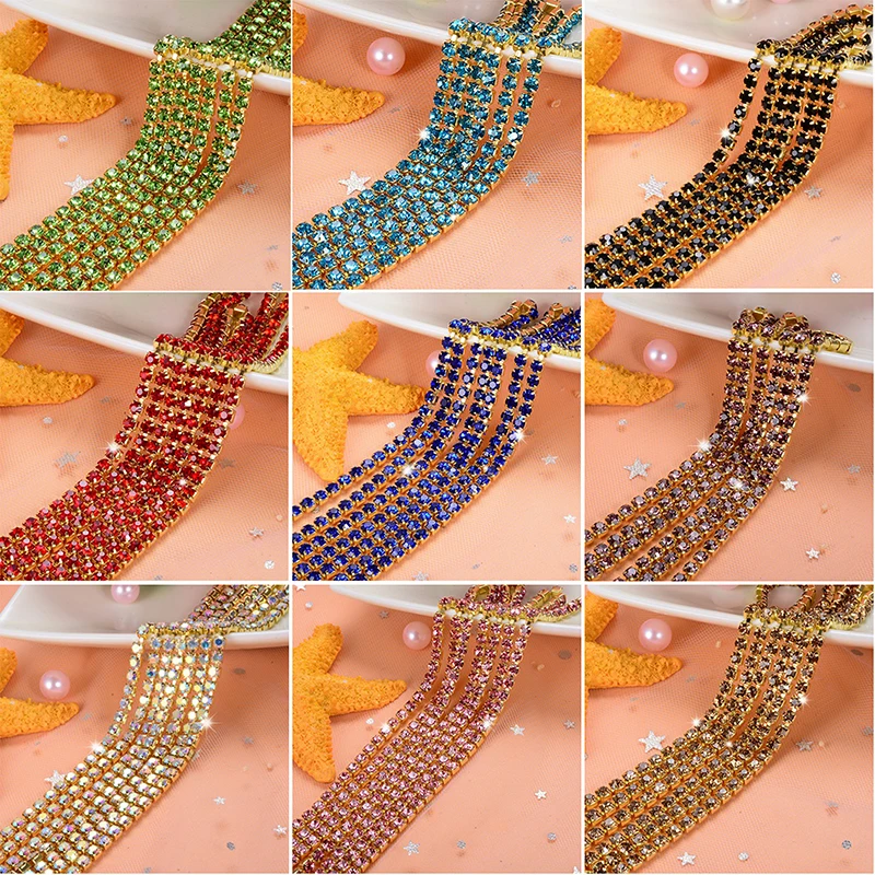 5yard/piece SS6 SS8 SS12 Light green Glass Crystal sew on rhinestones Chain gold bottom Diy Clothing accessories SIJISHUIZUAN