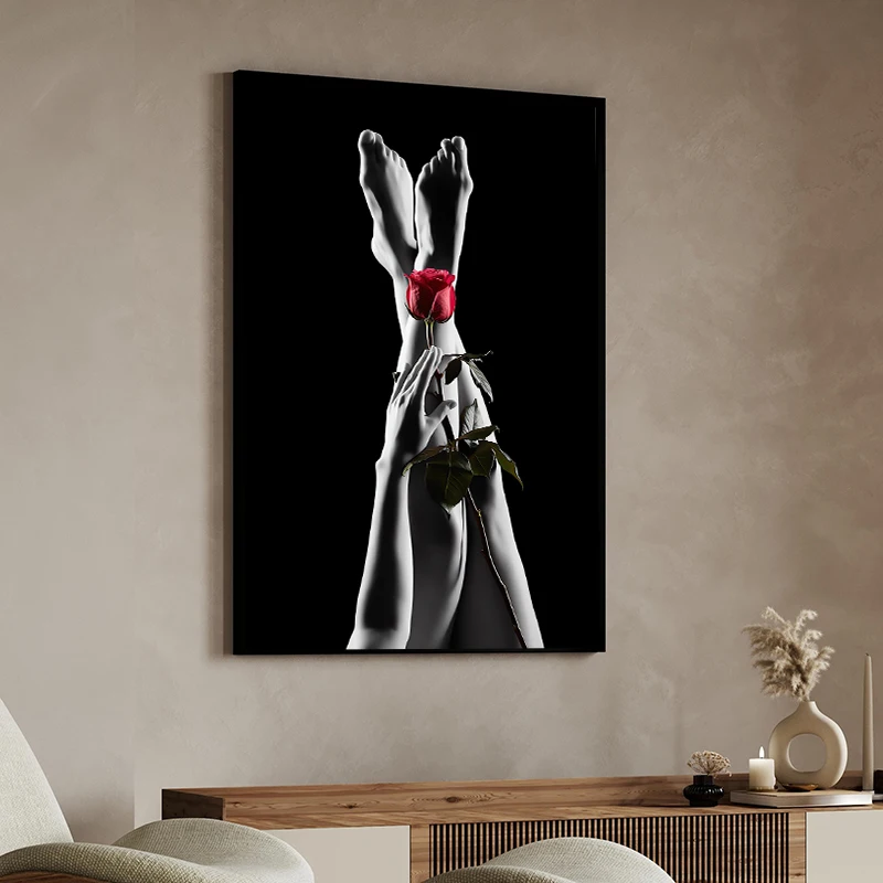 Sexy Woman Holding Red Rose Canvas Painting Nordic Black and White Posters Prints Wall Art Pictures for Living Room Home Decor view 3