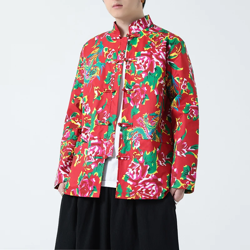 

Men Northeast Big Flower Jacket Men Chinese Style Long Sleeve Shirt Men Trend Streetwear Casual Coats Men Floral Pattern Clothes
