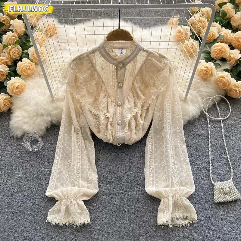 2025 Spring Basic Shirts Blouses Women Fashion Long Sleeve Elegant Office Lady Work Solid White Lace Ruffled Chic Tops Blusas