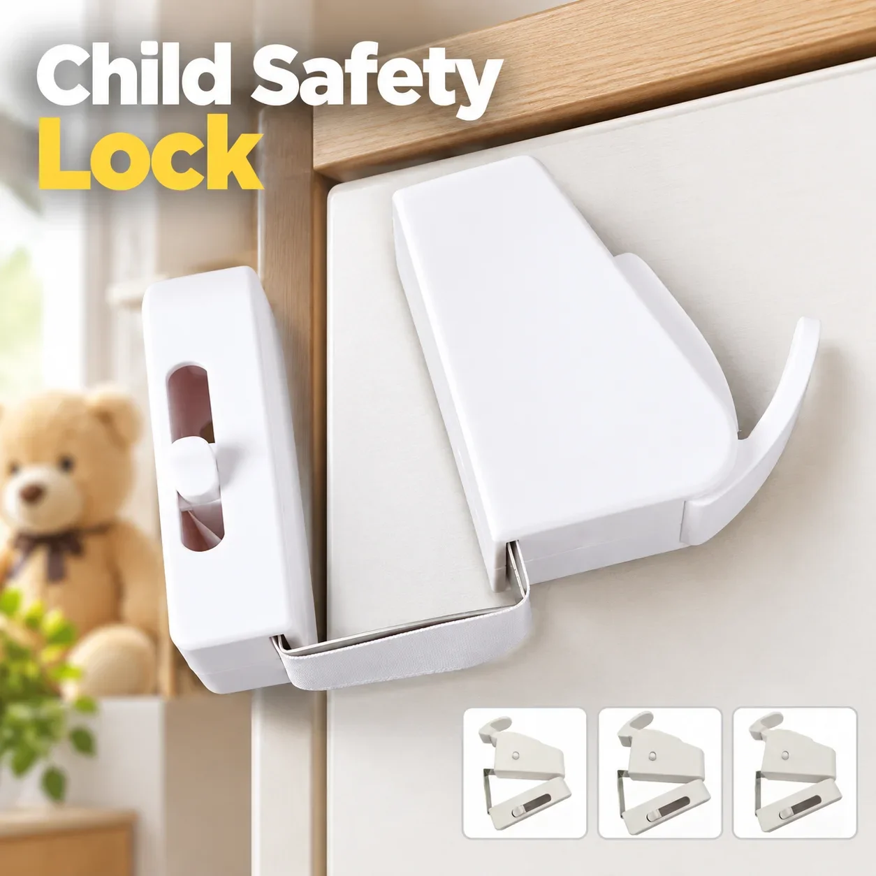 Child Proof Door Lock Snap-On No Tools Adhesive-Free ABS Stainless Steel White for Kids Pets Baby Safety