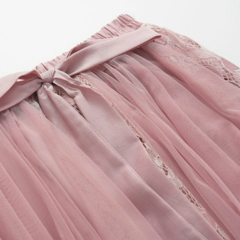 Mode Vielseitig Tutu Tüll Rock frauen Langen Rock Koreanische Nette Schleife Hohe Taille Spitze Gestickte Spleißen Mesh Halb Rock