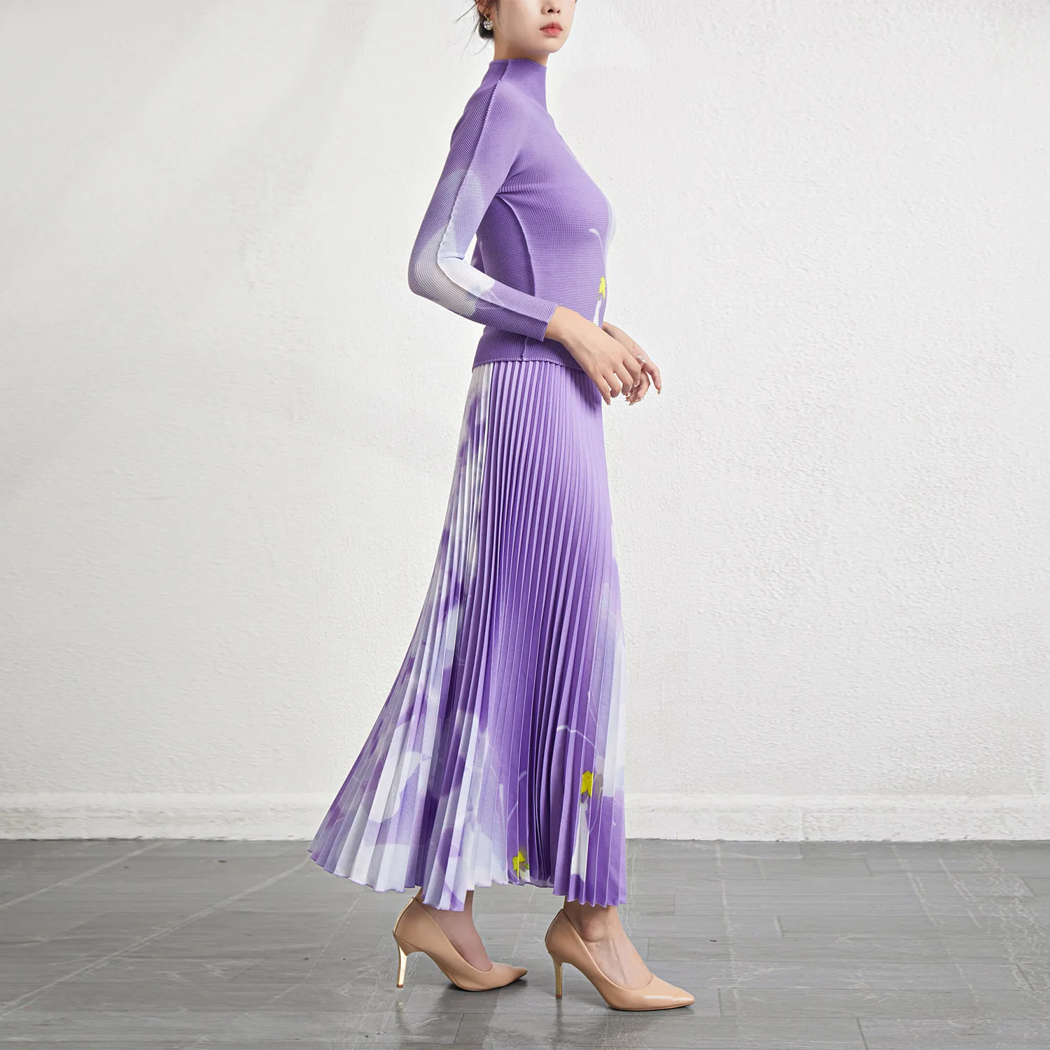 2025 ใหม่มาถึง Miyake จีบลําลองผู้หญิง 2 ชิ้นชุดจีบยืดเสื้อแขนยาวและพิมพ์จีบกระโปรง