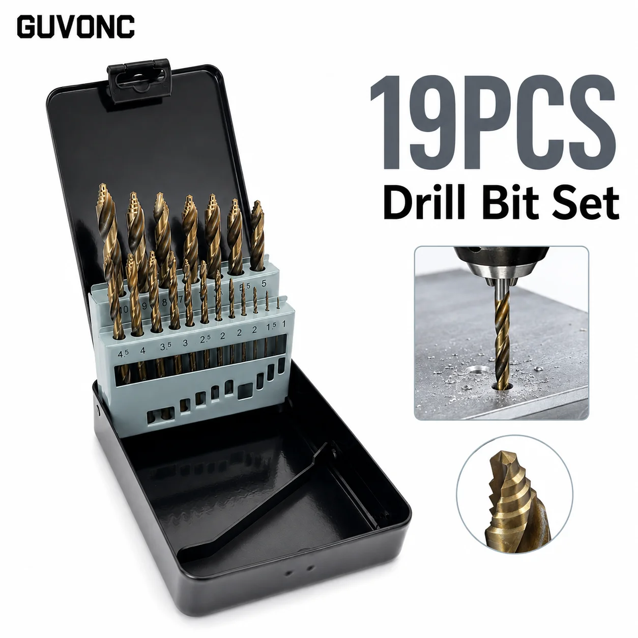 19ピース-チタン製ツイストドリルビットセット-10‑10mm-フラットシャンク-ステップチップドリルビットキット-収納ケース付き-金属・木材diy穴あけ用