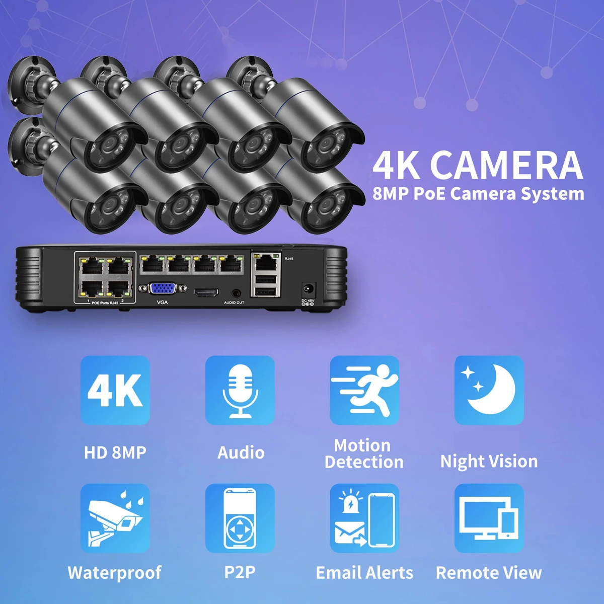 Gadinan 8MP POE Audio NVR Kit de cámara inteligente de seguridad 4K HD cámara inteligente detección humana hogar CCTV Video cámara de vigilancia conjunto