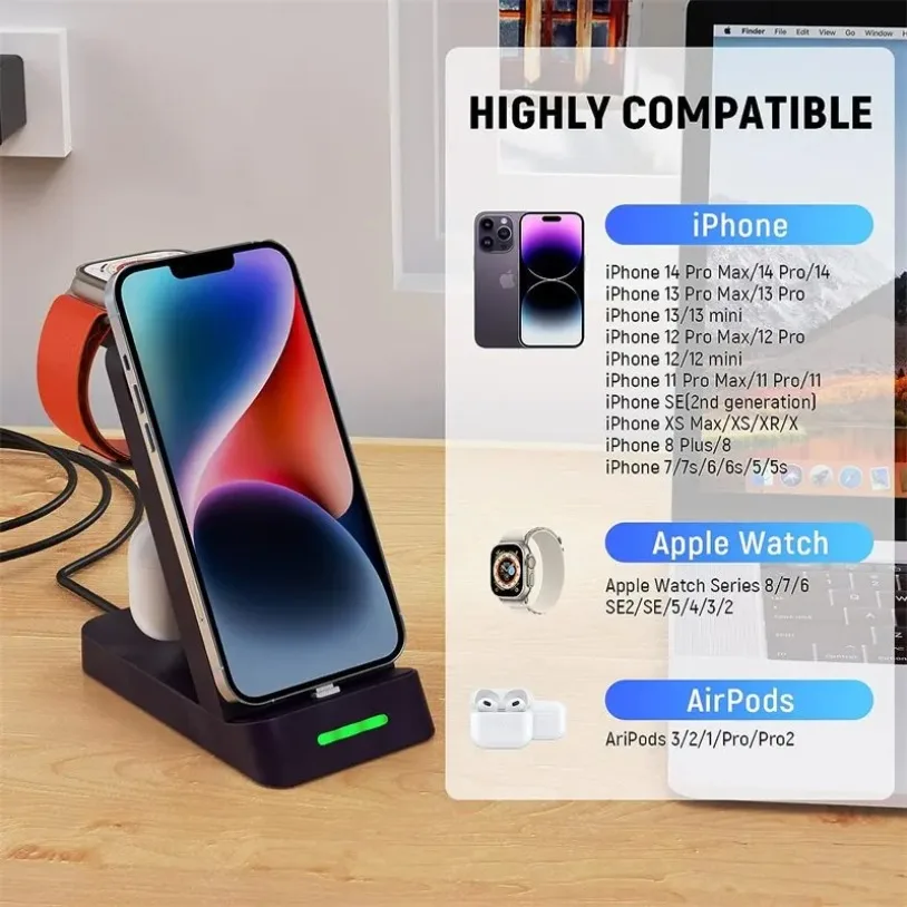 حامل شاحن لاسلكي 3 في 1 لهاتف iPhone 16-12 X Samsung S24 S23 S22 قاعدة شحن سريعة لهاتف Galaxy/Apple Watch AirPods