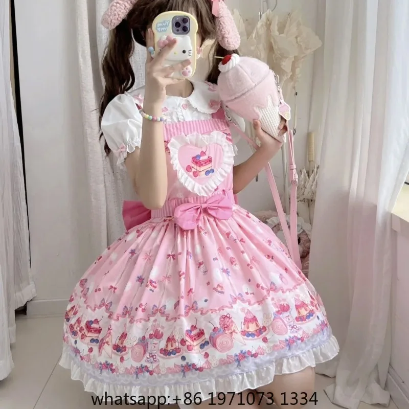 Japanese Kawaii Lolita Jsk Dress Women Cute Lace Ruffles Cartoon Cake Print Bow Strap Dress Girls Sweet Tea Party Princess Dress