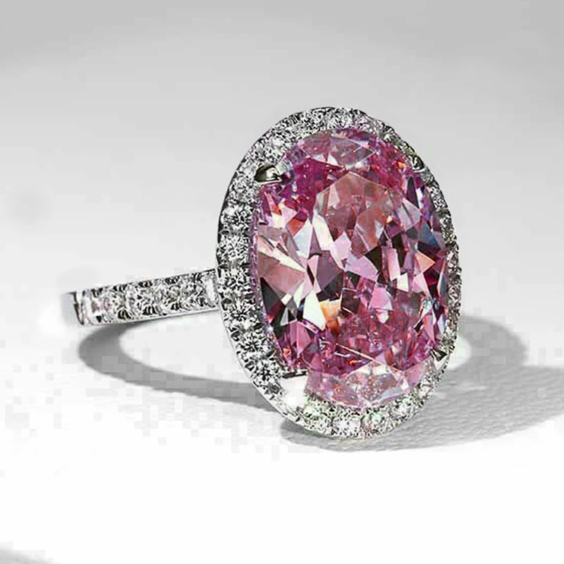 Huitan New Women Engagement Rings Oval Pink Cubic Zirconia Luxury Silver Color Proposal Wedding Bands Accessory Fashion Jewelry