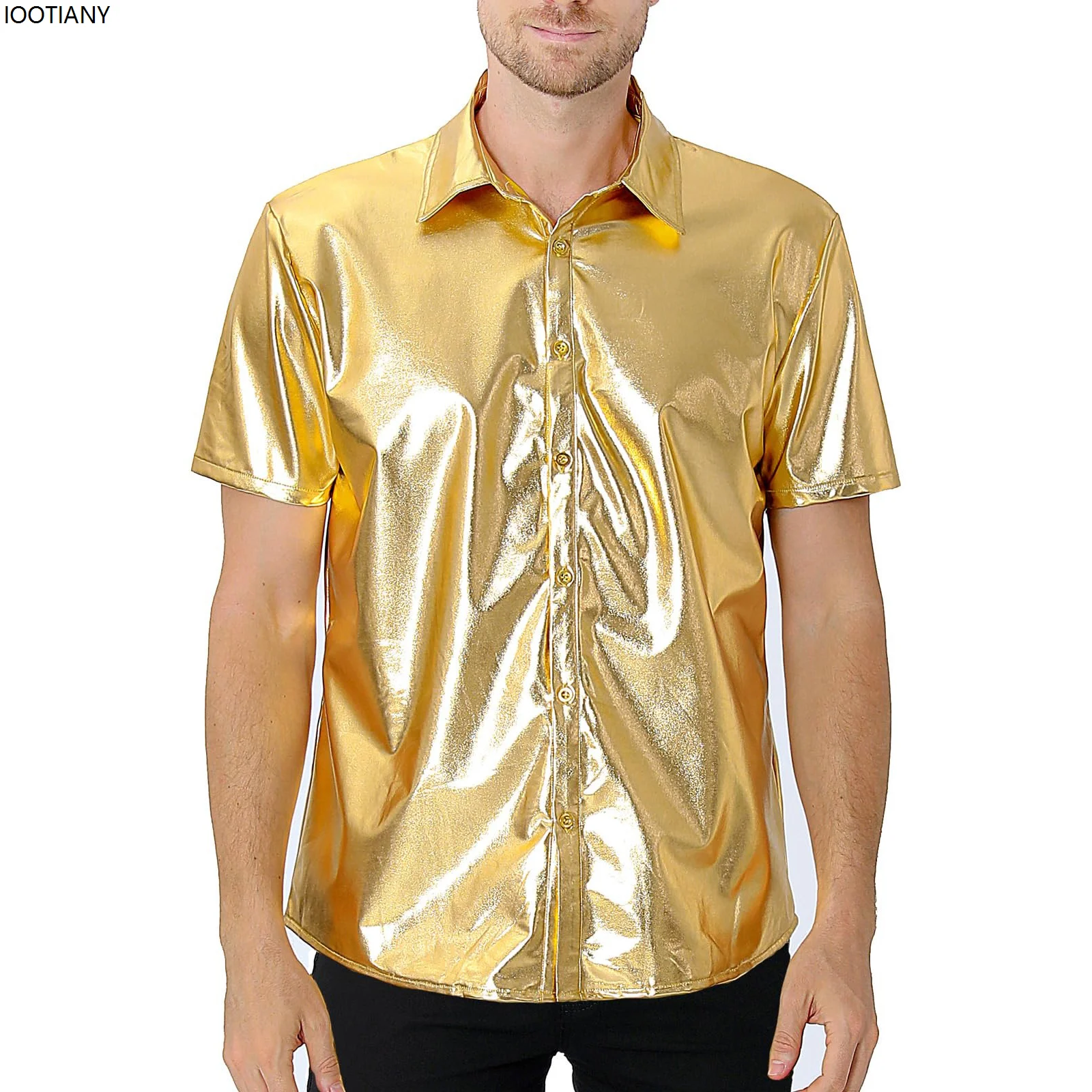 Sequin Gold Silver Shirt Adult Men Fashion Sparkly Short Sleeve 70s Disco Stage Dance Costume Party Performance Lapel Shirt 2025