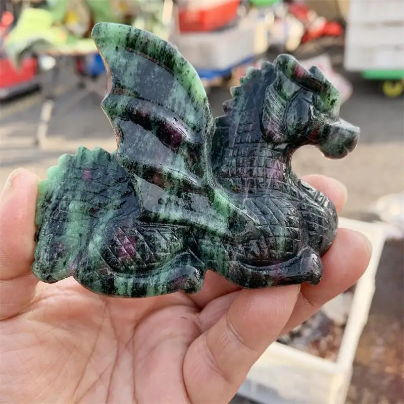 Natural Ruby In Zoisite Cartoon Dragon Carving Statue Healing Reiki Gemstone Crafts For Halloween Decoration Gift 1pcs