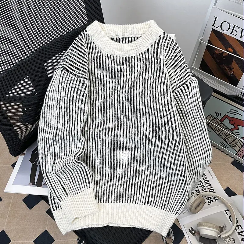 

WHXS Новый осенне-зимний полосатый трикотаж, круглый, свободный, для пары, ленивый, повседневный, универсальный, мужской, длинный свек, полиэфирное волокно