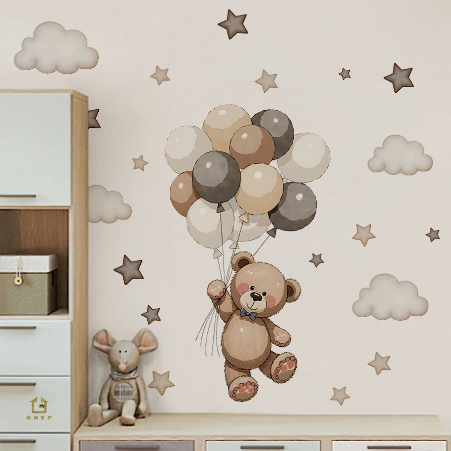 Adorable Teddy Bear Wall Decals, Removable Decor With Balloons, Stars & Clouds For Kids’ Bedroom, Playroom, Baby Nursery