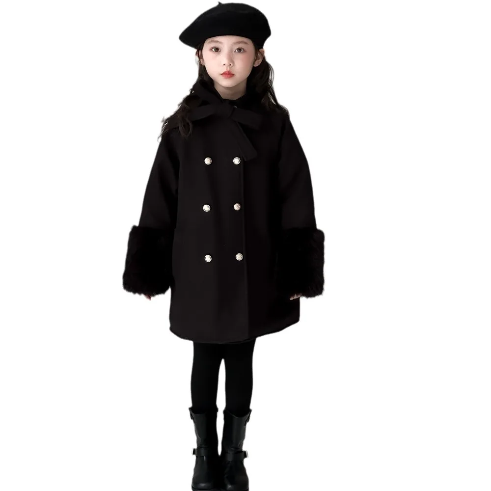 Children Girl Winter Woolen Overcoat Bow Collar Faux Fur Cuff Toddler Girl Topcoat Solid Cotton 1-10Y Girls Double-breasted Suit