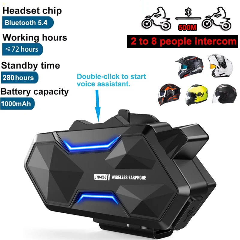 Motorcycle Intercom Headset Helmet BT 5.4 intercommunicator 500M Wireless Hands-free Call Phone Kit with Waterproof