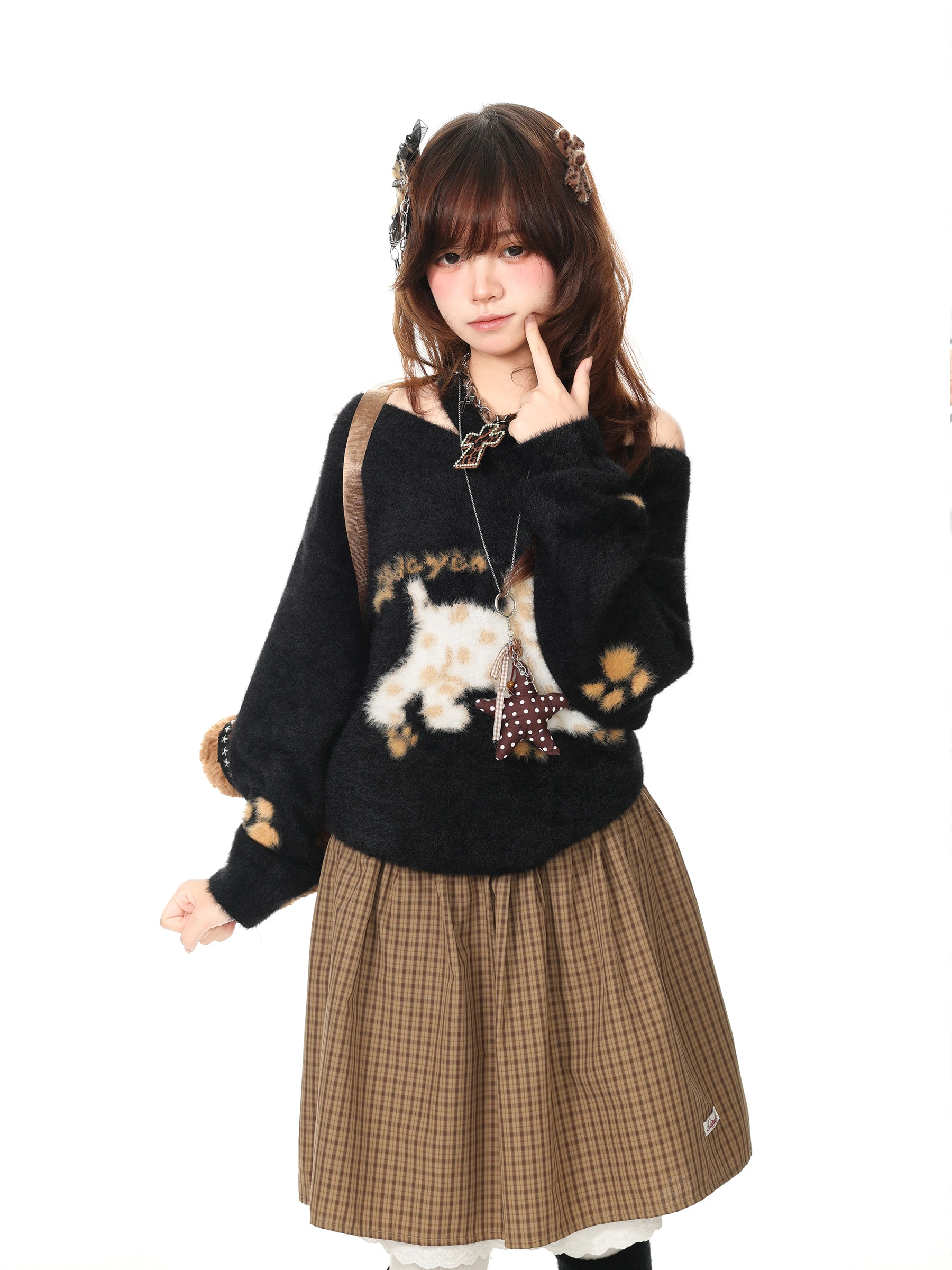 Languid Park Lazy Girl Shoulder Bared Sweater Women's Casual Soft Comfortable Autumn Top Fashionable Design Nylon Fiber