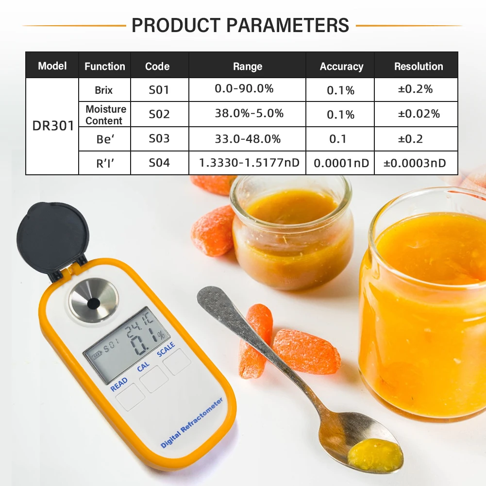 Réfractomcirculation numérique du miel, 3 en 1, 0-90% Brix 5,0% ~ 38,0% Humidité 33,0 ~ Imprimé 0 Baporcelaine Érable SistressMélasse Malt Fournitures d'apiculture