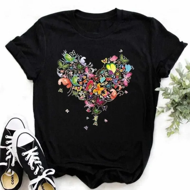 Women Clothes Heart Shaped Print Women's T-Shirt Colorful Butterfly Feather Rose Casual Short Sleeve Top Y2k Goth