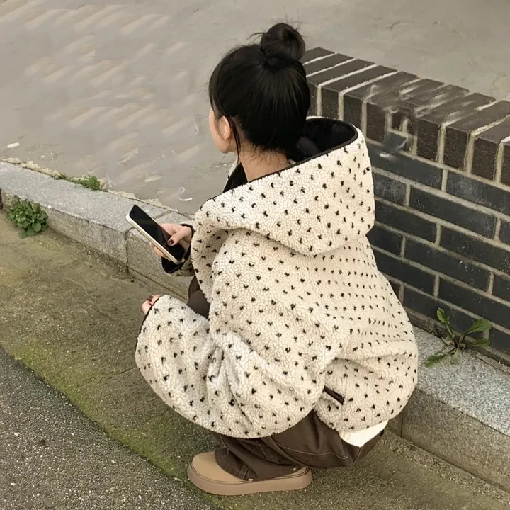 

Korean Sle ort Thiened Cotton Lined Double Sided Wear Heart eepskin Jaet Women Cute Anti Aging Design Spring Autumn...