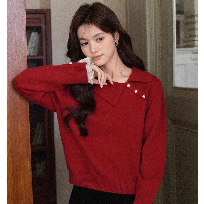 ALXNAN Black Sweater Autumn New Casual Lace Stitching Elegant Sweet Sweaters 2025 Fall Casual Loose-fit Long Sleeve Tops L57319