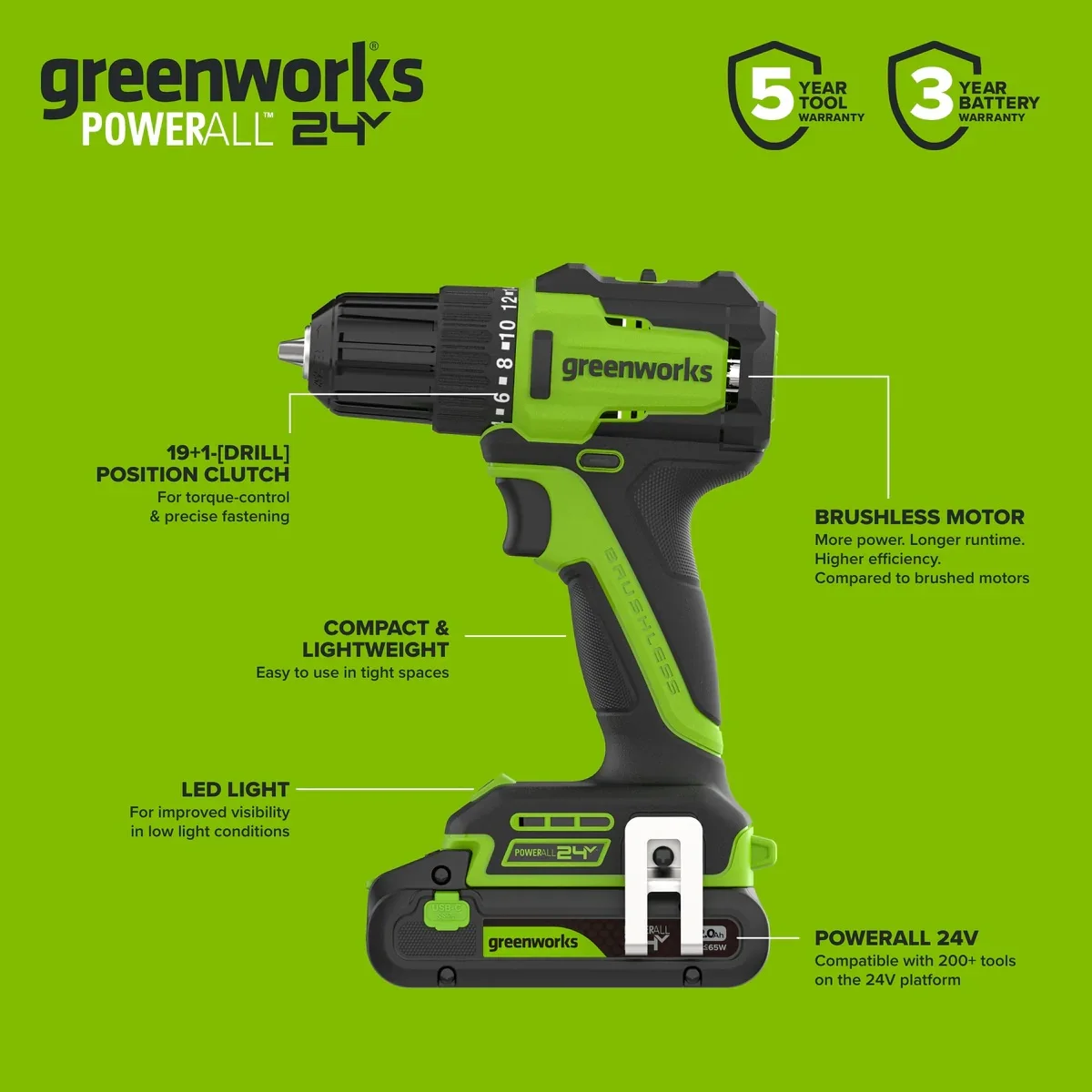 Greenworks 24V Drill Driver 35Nm Torque 1450 RPM Variable Speed 19+1 Clutch Settings Precision Control