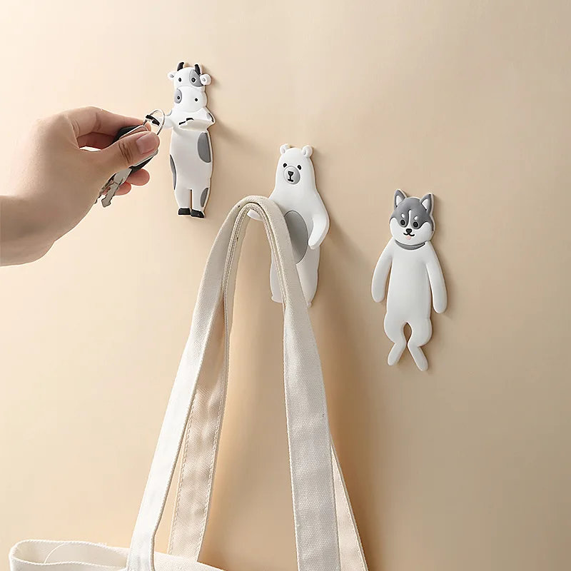 1Pc Creative Animal Shaped Wall Mounted Hooks Self-adhesive Kitchen Storage Holder Bags Key Hooks Foldable PVC Hook Home Decor