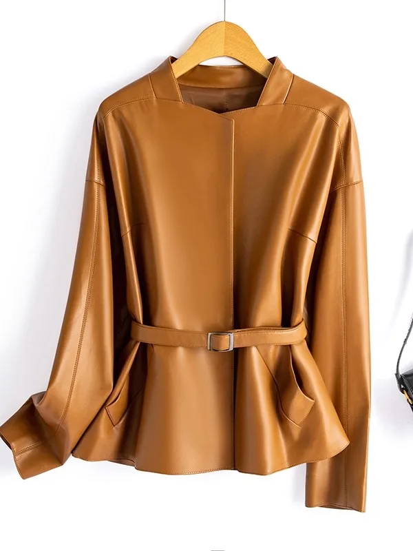 Manteau en cuir pour femme, nouvelle collection printemps-automne, en cuir de vachette, cintré à la taille, coupe-vent, manteau en cuir pour femme