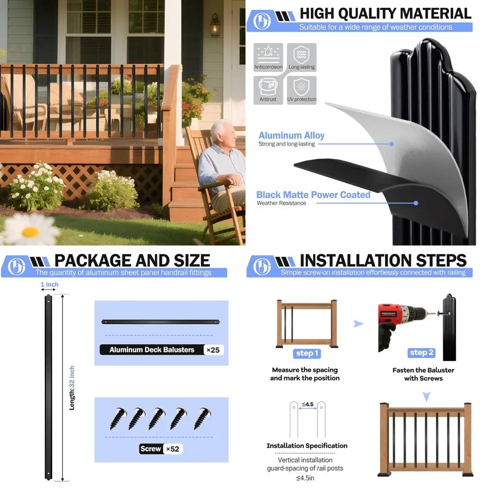 

32 Black Metal Deck Balusters, Outdoor Stair Railing Spindles with Screws for Porch Staircase