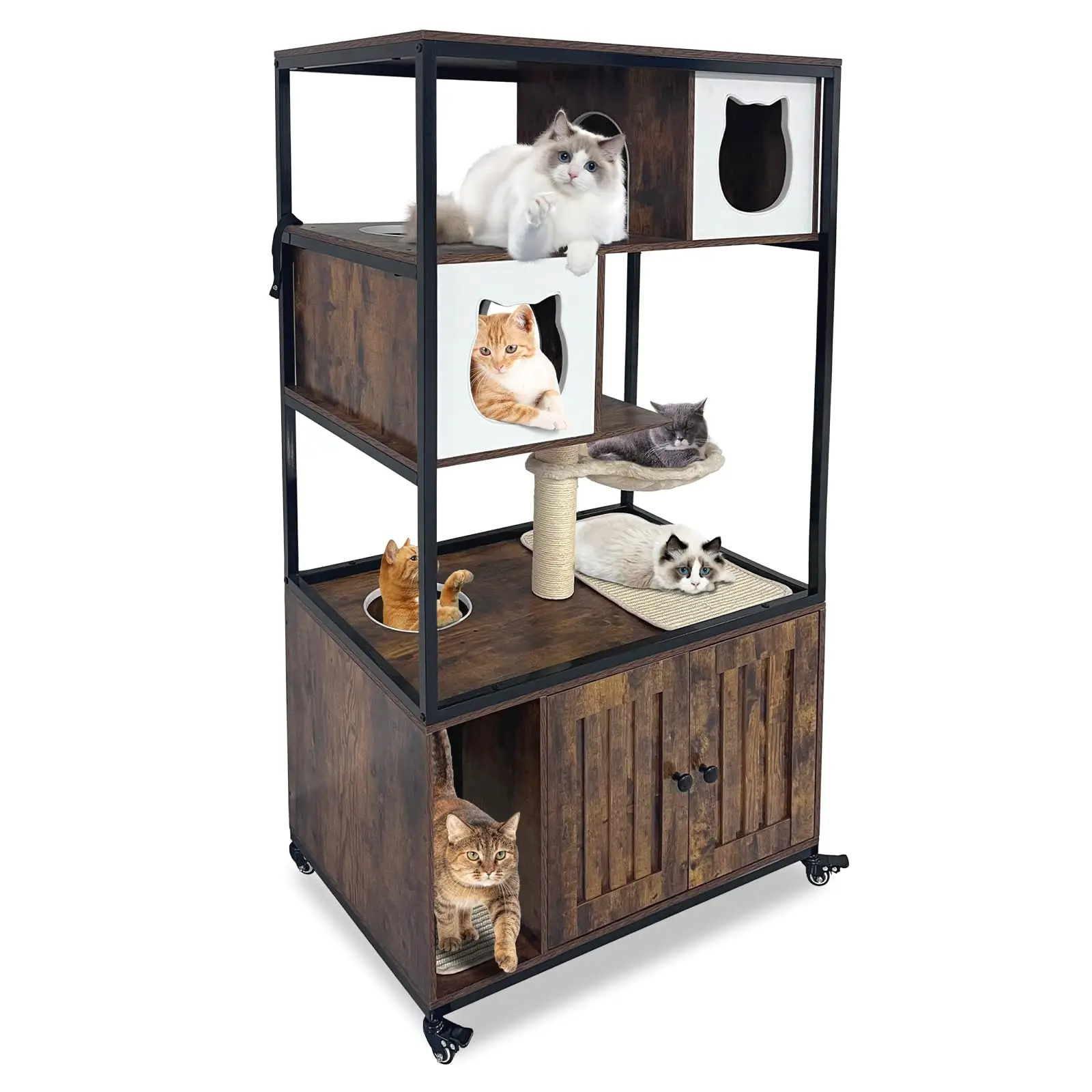 

Cat Litter Box Enclosure, Wooden Cat House On Wheels with Multiple Platforms,Condo,Hammock,Scratching Mat, Hidden Cat Washroom F