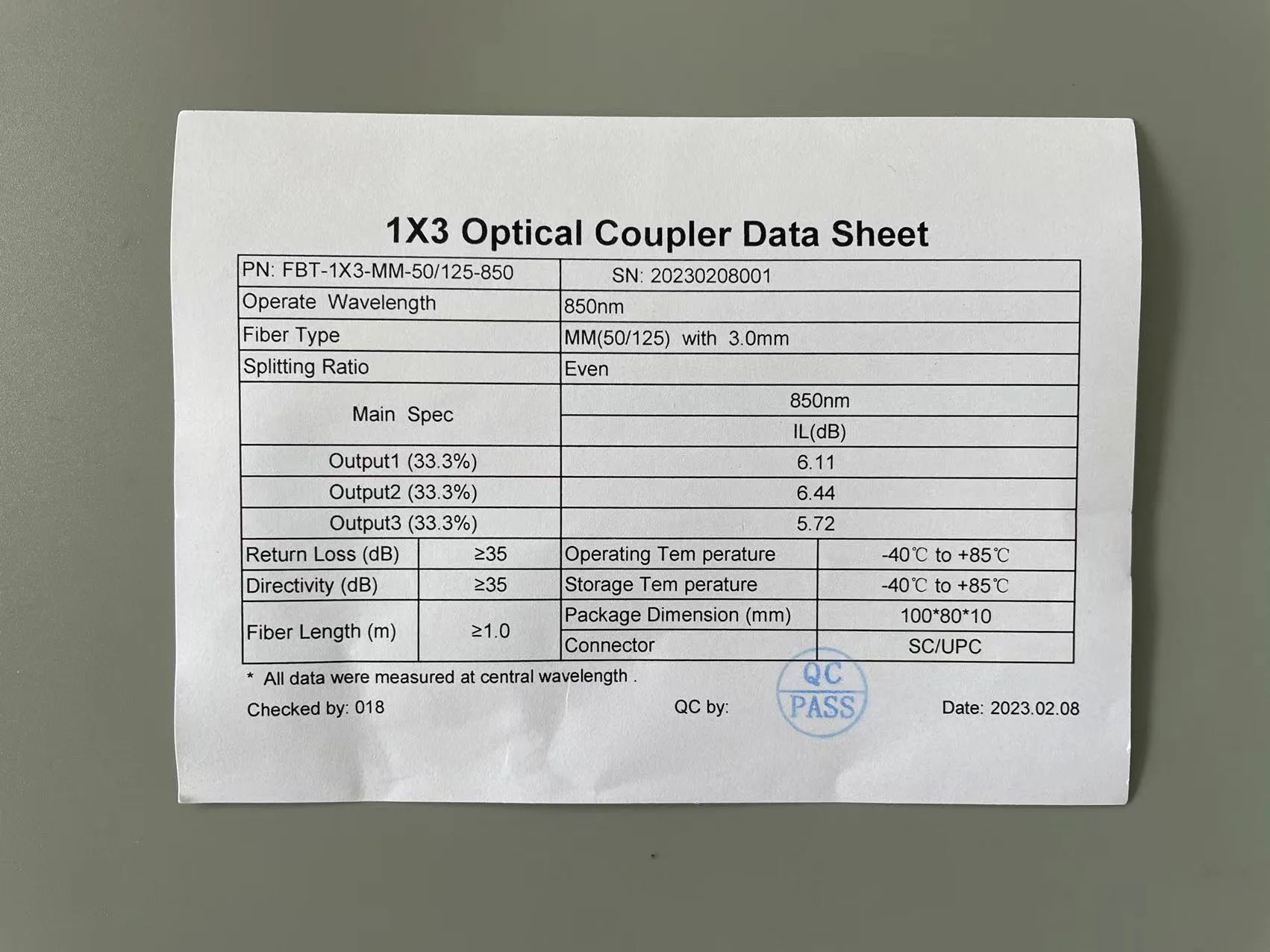 Imagem -06 - Fbt Acoplador 1*3 Fbt Multimodo Divisor de Fibra Óptica 850nm 50 125um 2.0 mm lc pc 1x3