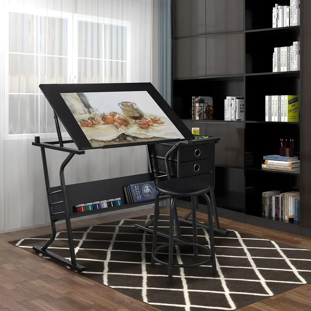 성인 예술가 및 공예 애호가를 위한 조절 가능한 아트 데스크(스툴 및 서랍 포함) - 가정, 사무실 및 스튜디오에 이상적
