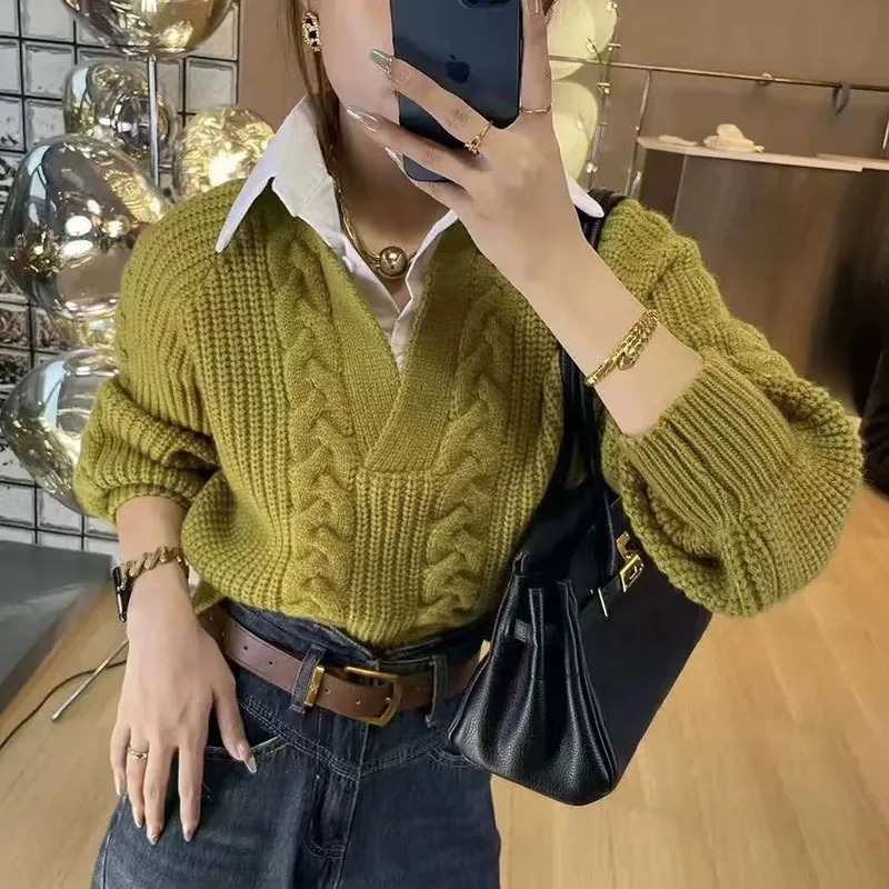 Moda finta due pezzi pullover lavorati a maglia donna patchwork coreano couverture colletto maglione femminile autunno inverno twist maglioni in maglia