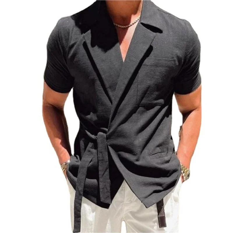 New Summer Solid Color Male Short Sleeved Shirt Lapel Strap French Elegant Gentleman Loose Casual Simple Tops Men\'s Clothing