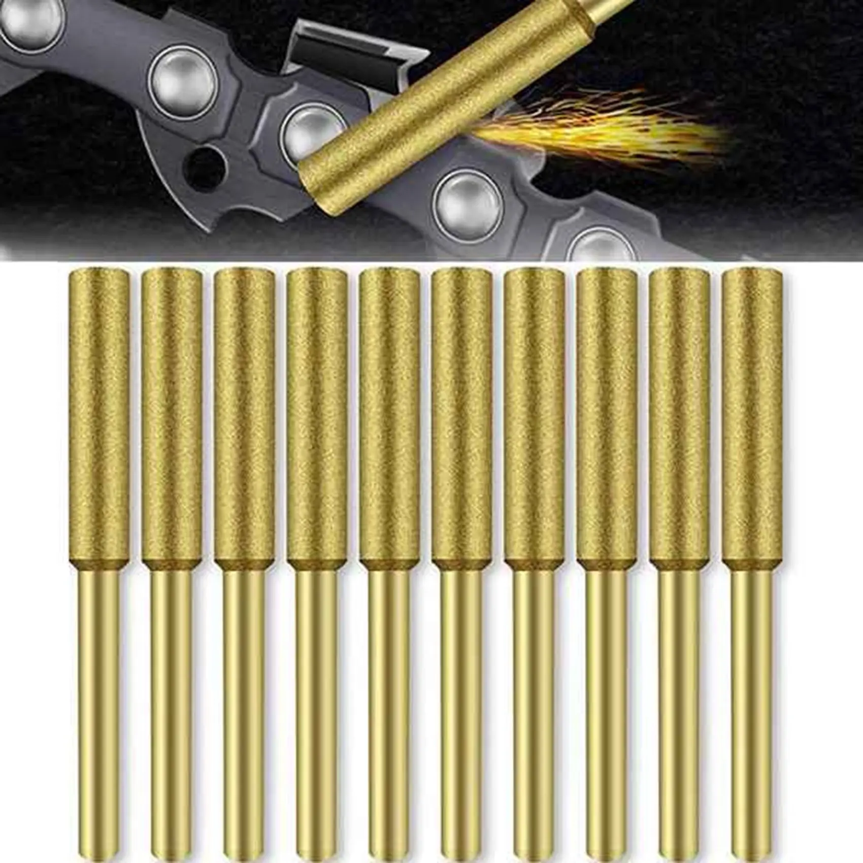 

AA76-10 Pcs Electric Chainsaw Sharpener Stone Burr Grinding Stone File,Titanium Plated Diamond Sharpening Wheels (4.0Mm)
