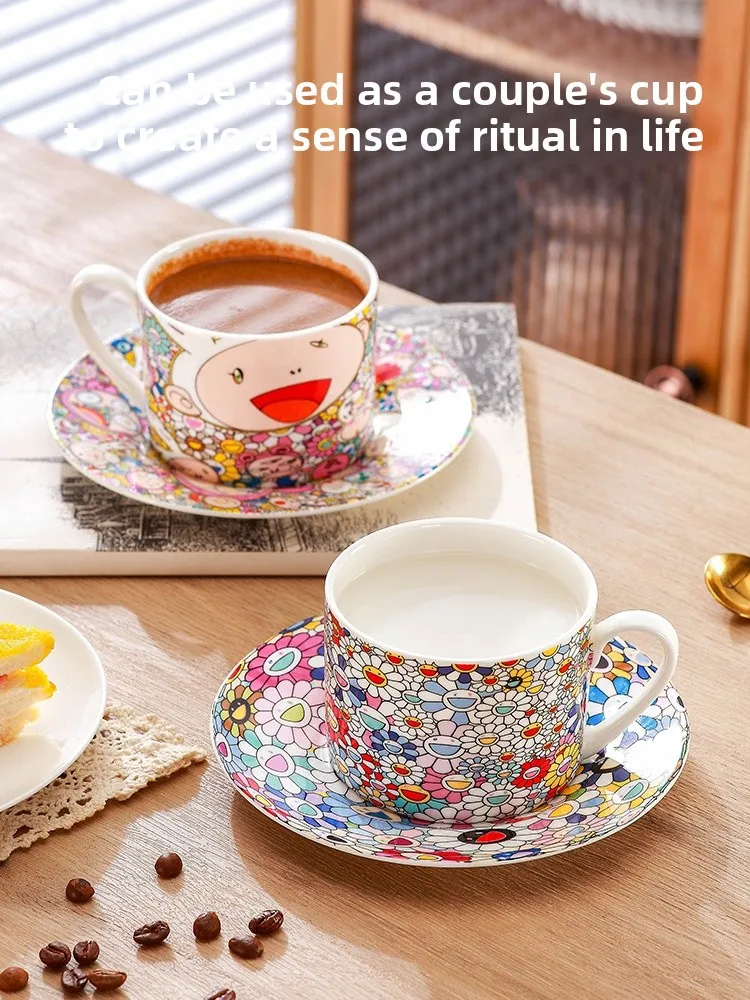 

Cartoon Suower Cerc Coffee Cup Set of 2 with Saucers Gift Box Home Use Handmade Bone China Flower Pattern Diningware