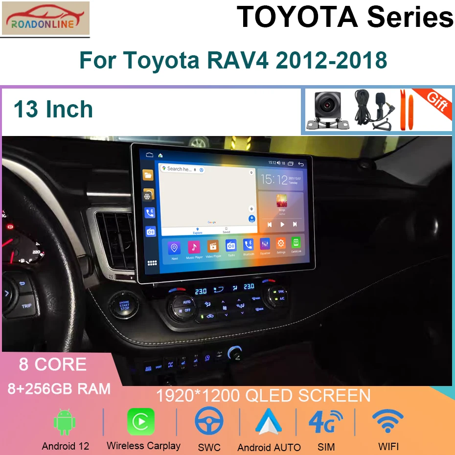 

13 Inch Android 12 8+256GB Octa Core Car Radio For Toyota RAV4 2012-2018 Multimedia Player 4G Carplay GPS Stereo Headunit