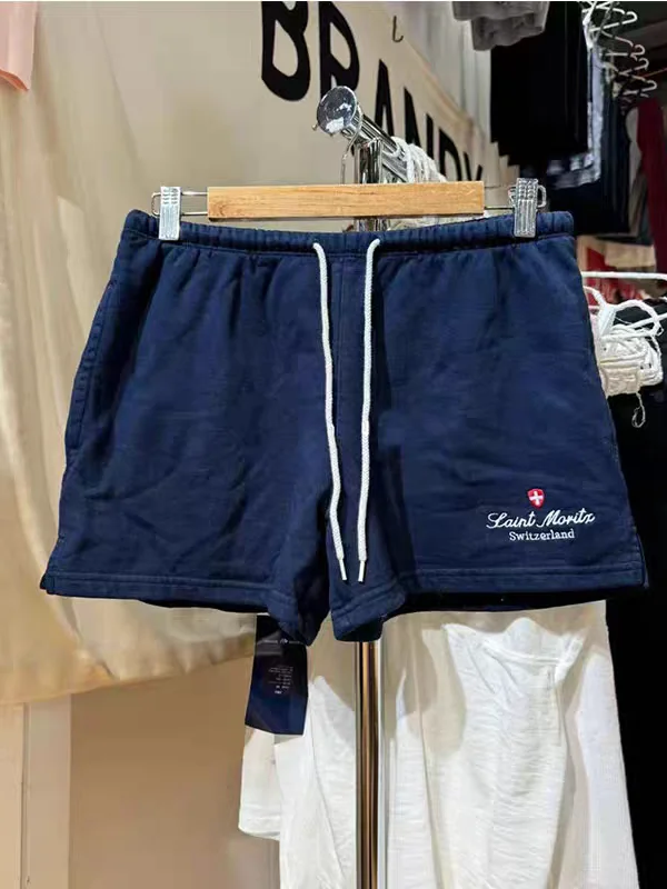 캐주얼 스트레이트 레그 팬츠 자수 아메리칸 레터링 블루 반바지 여성용 하이 웨이스트 코튼 바지 통근 스타일