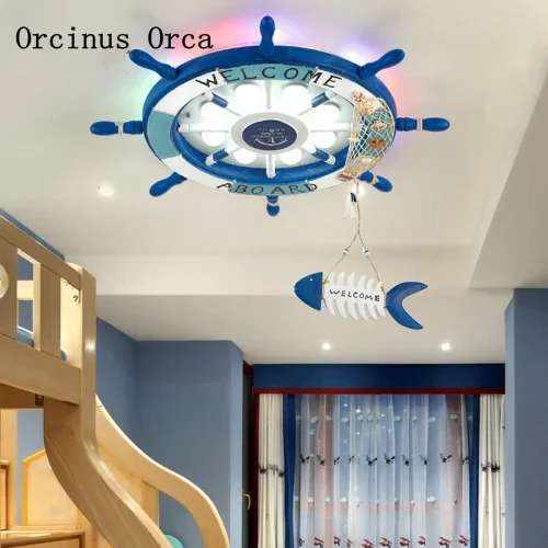 

Creative Mediterranean Bluetooth music ceiling lamp boy bedroom children's room lamp cartoon blue boat rudder ceiling lamp