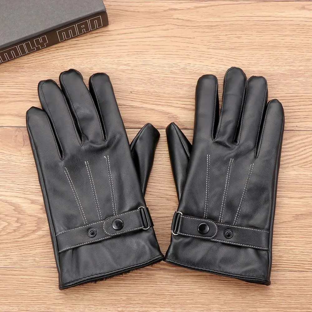 1Pair Men's Fleece Thermal Leather Gloves Winter Warm Touch Screen Windproof Waterproof Driving Gloves Full Finger Black Gloves