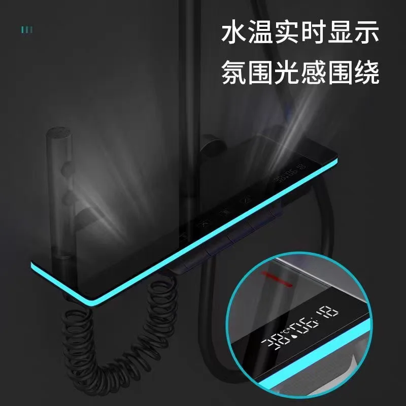 Intelligent LED Display Thermostatic Shower Set Black Piano Keys Bath Faucet System Soft Rainfall Ceramic Jet Massage Apartment - view 5