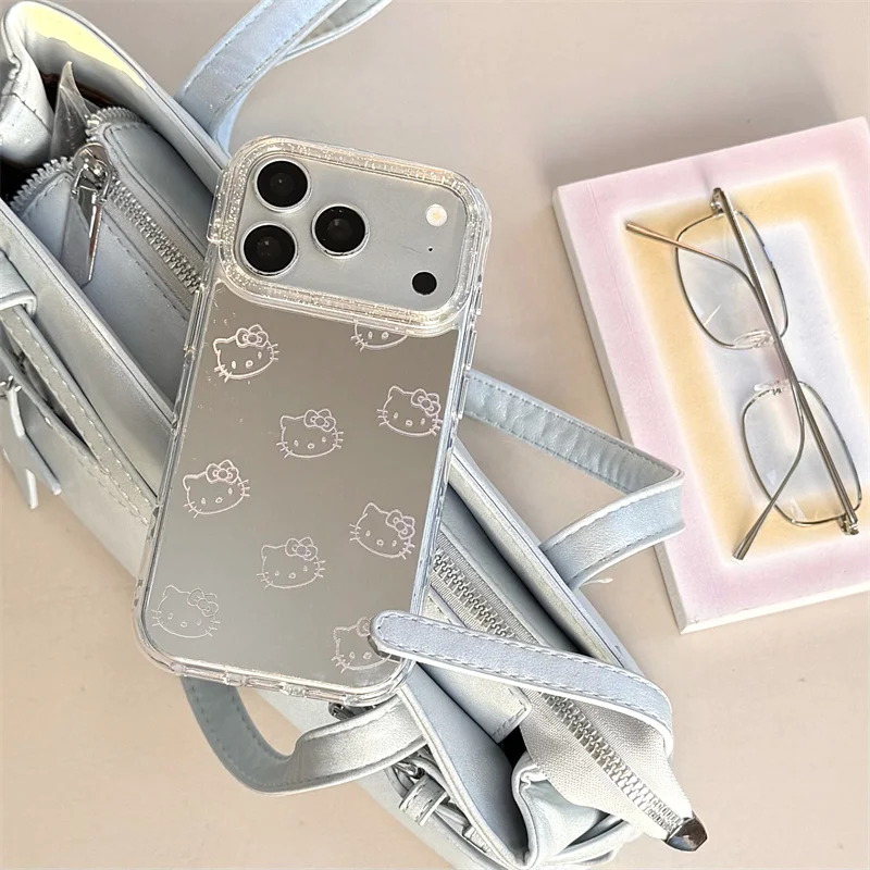 

INS Line Kitty Mirror Phone Case For iPhone 17 Pro 16 15 14 Pro Max with Glitter Shockproof 17pro Protective Cover Cases
