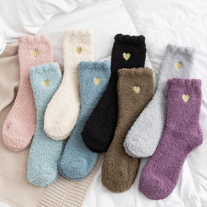 

Coral Fleece Socks For Women Winter Thickened Solid Color Little Heart Pattern Mid Tube Socks Soft Home Floor Sleep Socks