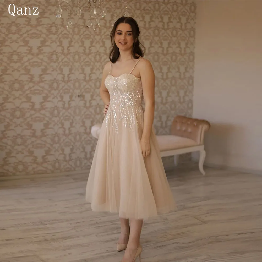 Qanz Champagne Sparkle Vestido De Novia para Novia tul tirantes espagueti Glitter Novias Vestido De Novia Boda Civil personalizado